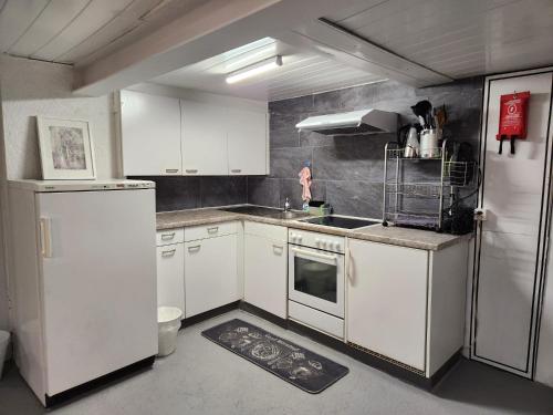 Schwändi的住宿－Spacious cellar studio surrounded by mountains and lake，厨房配有白色橱柜和白色冰箱。