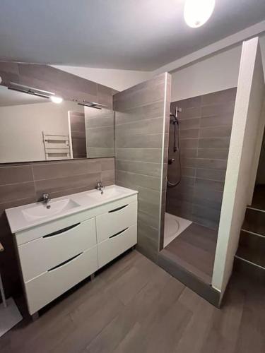 une salle de bain avec un lavabo blanc et une douche dans l'établissement 