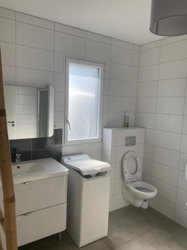 une salle de bain blanche avec un lavabo et des toilettes dans l'établissement Maison climatisée 47 m2 Biscarrosse proche lac et océan, à Biscarrosse