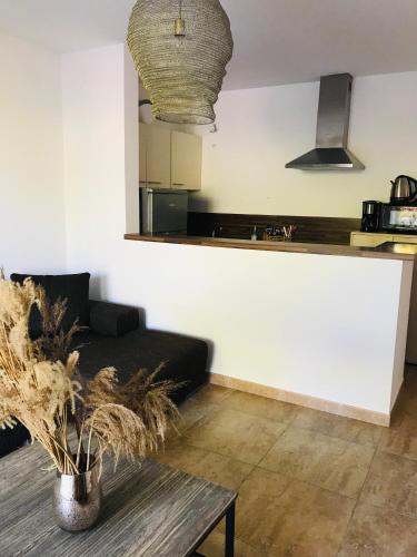 un salon avec un canapé noir et une table dans l'établissement Rez de chaussez de villa 4 personnes mer, à Sorbo-Ocagnano