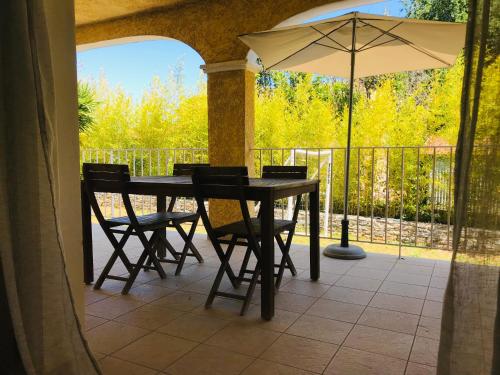a table and chairs with an umbrella on a patio at Rez de chaussez de villa 4 personnes mer in Sorbo-Ocagnano