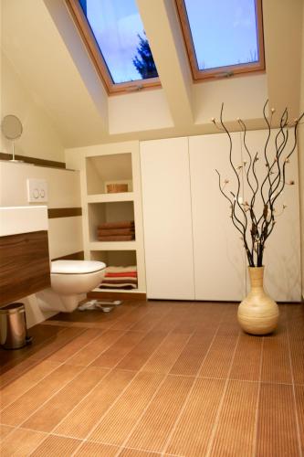 a bathroom with a toilet and a vase on the floor at Apartamenty Wiślany Brzeg in Ustroń