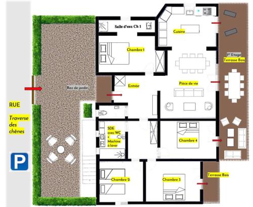 un plan d'étage d'une maison dans l'établissement T5, Perfettu 115m2 - Jardin, piscine, 8 pers, à Porto-Vecchio