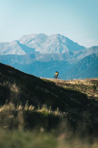 a person riding a bike on a hill with mountains in the background at Residenz Erschbaum in Valdaora