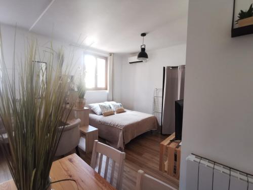 een woonkamer met een bed en een raam bij Appart impasse du sentiment in Montignac