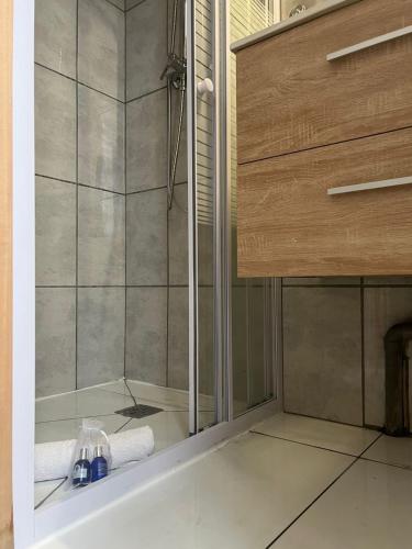 une salle de bain avec une douche avec une porte vitrée dans l'établissement la soie, à Rhut