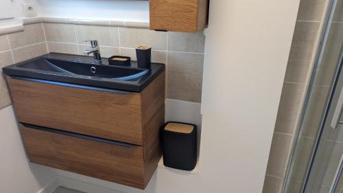 une salle de bain avec un lavabo et une poubelle dans l'établissement Villa Club Stell Bandol - 2 à 6 personnes, à Bandol