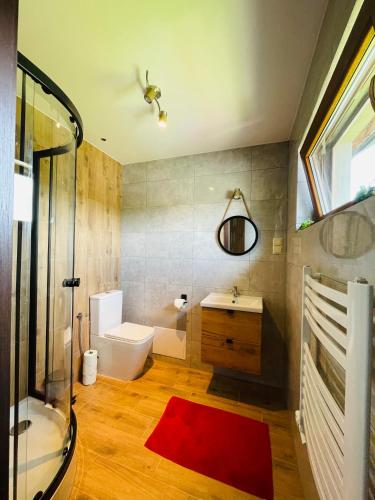 a bathroom with a shower and a red rug at Apartamenty u Ptaszka in Zakopane