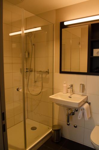 a bathroom with a shower and a sink at Concept Hotel Landhaus - Digital Hotel in Burgdorf