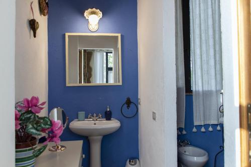 a blue bathroom with a sink and a mirror at Appartamenti Stare Bene A Siena in Siena