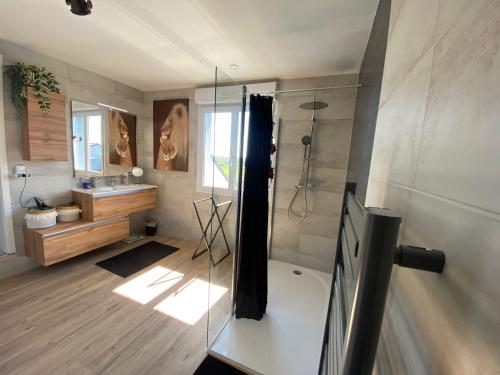 une salle de bain avec douche et lavabo dans l'établissement La Villa Kat'Etoiles, à Vittoncourt