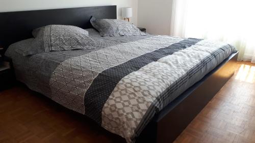 - un lit avec une couette grise et 2 oreillers dans l'établissement Appartement dans maison, à Saint-Étienne-le-Laus