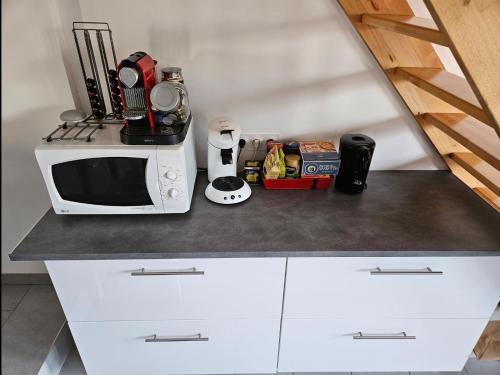 a kitchen counter with a microwave and other kitchen utensils at Maison duplex de ville avec terrasse et clim in Foucherans