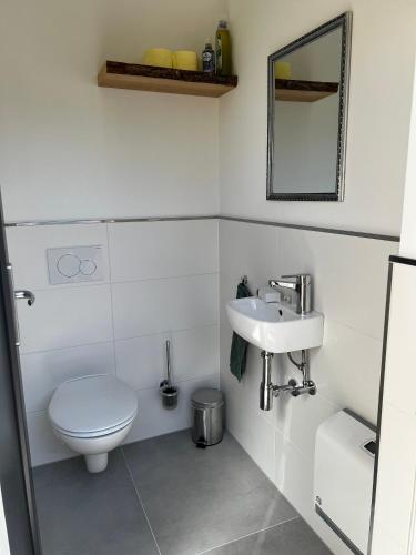 a white bathroom with a toilet and a sink at Meine kleine Auszeit - Die Schlafhütten in Sankt Georgen am Reith