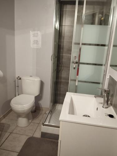 une salle de bain avec toilettes, douche et lavabo dans l'établissement Bienvenue au pied des Alpilles, à Saint-Étienne-du-Grès