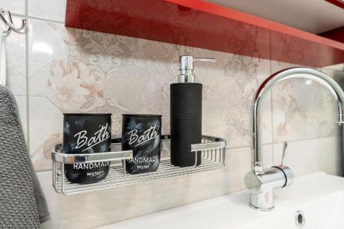 a shelf over a bathroom sink with two hair products at Ema's Olive Garden Apt 2 -private parking, 10 min drive from sandy beach in Poličnik