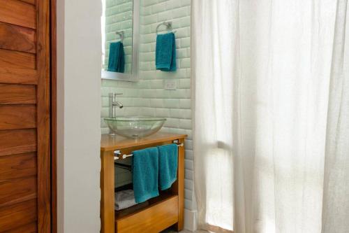 La salle de bains est pourvue d'un lavabo et d'un rideau de douche. dans l'établissement Villa Estrella in Playa Venao, à Playa Venao