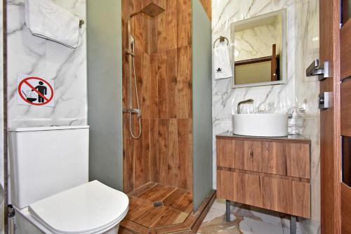 a bathroom with a toilet and a shower at Wooden rest 9 in Yerevan