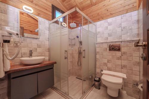a bathroom with a shower and a toilet and a sink at Sea Valley Lodge in Faralya