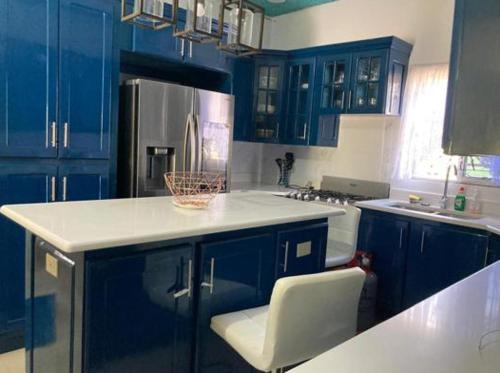 kuchnia z niebieskimi szafkami i białym blatem w obiekcie Blissful Retreat in Gravel Hill 