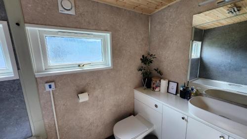 a bathroom with a sink and a toilet and a window at 18 Bucklands in Bucks Mills