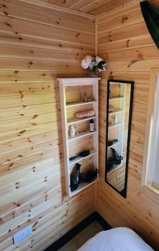a room with a mirror in a wooden wall at 18 Bucklands - Cosy 5-Star Chalet - Starlink Wi-Fi - Coastal Woodland in Bucks Mills