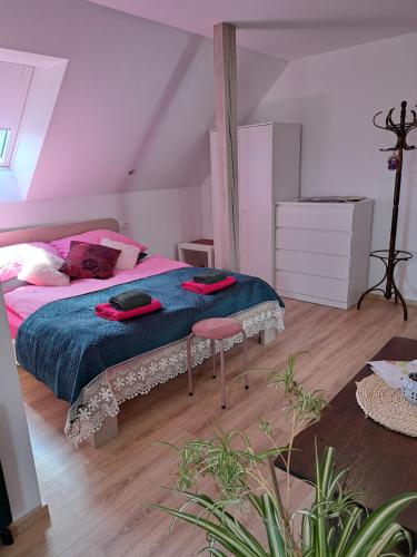 a bedroom with a bed with a blue blanket and red pillows at Apartmaji Magda in Zgornje Gorje