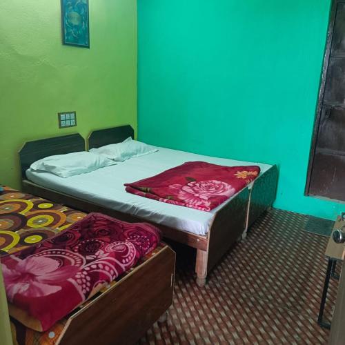 2 Einzelbetten in einem Zimmer mit grünen Wänden in der Unterkunft Hotel Mount Kailash in Gupta Kāshi