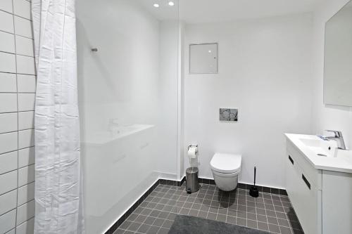 a bathroom with a shower and a toilet and a sink at Cool 1-bed with private terrace in Copenhagen