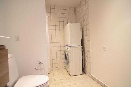 Cool 1-bed in fantastic Østerbro location في كوبنهاغن: ثلاجة بيضاء في حمام مع مرحاض