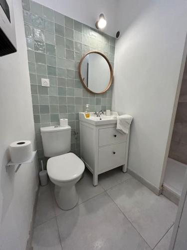 une salle de bain avec toilettes, lavabo et miroir dans l'établissement Le nid douillet Terrasse La Roquette Arles, à Arles