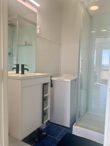 une salle de bain blanche avec un lavabo et une douche dans l'établissement Vue magnifique, 7 mn gare, Muse, Centre, parking, à Metz