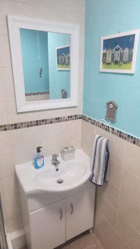 a bathroom with a white sink and a mirror at Top Location Perranporth Apartment in Perranporth