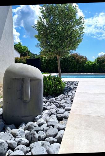 un jardin de rocaille avec un arbre et une piscine dans l'établissement La Montaurousienne - Maison néo-provençale dans le Pays de Fayence, à Montauroux
