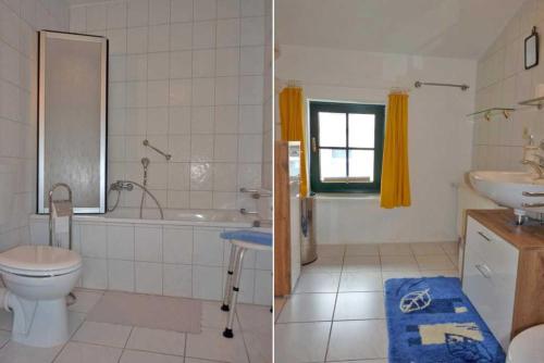 2 Bilder eines Badezimmers mit WC und Waschbecken in der Unterkunft Ferienhaus "Innenhof" Objekt ID 13839 in Waren (Müritz)