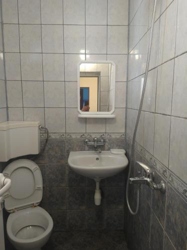 een badkamer met een toilet, een wastafel en een spiegel bij Villa Morska in Chernomorets