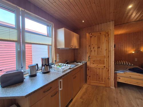 a kitchen with a counter and a bed in a room at Eichholz-Hof kleines Ferienhaus Objekt-ID 15465-8 in Waren