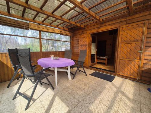 un patio con una mesa púrpura y 2 sillas en Eichholz-Hof Blockhaus Objekt-ID 15465-1 en Waren