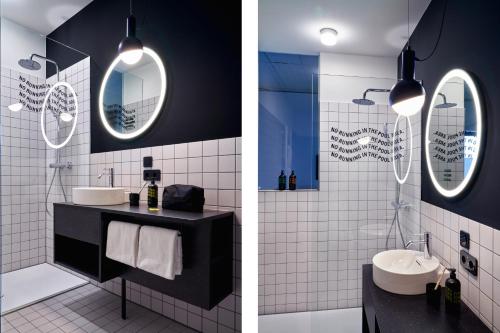 two pictures of a bathroom with a sink and a mirror at STAYERY Bielefeld Hauptbahnhof in Bielefeld