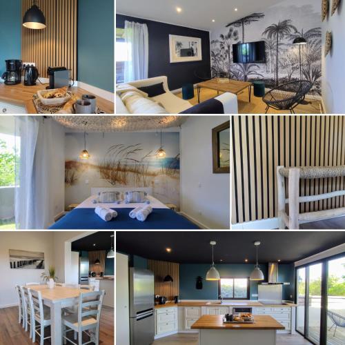 un collage de photos d'une cuisine et d'un salon dans l'établissement T5, Perfettu 115m2 - Jardin, piscine, 8 pers, à Porto-Vecchio