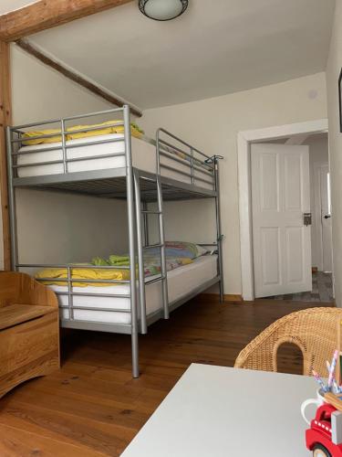 a room with two bunk beds and a table at Ratstraße im Kyffhäuser - krumm & schief in Bad Frankenhausen