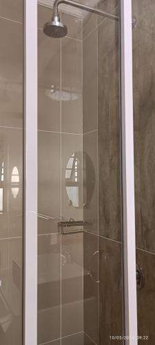 a shower with a glass door in a bathroom at 40 on King BnB in East London