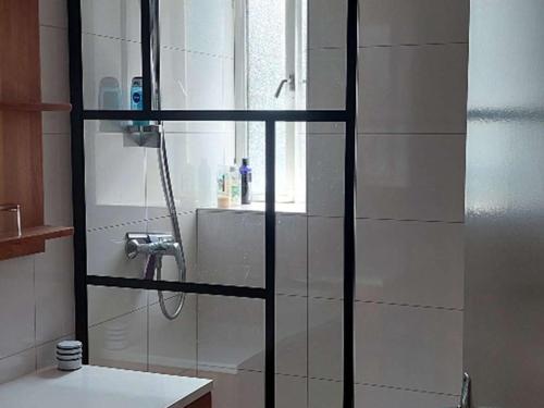 une douche avec une porte vitrée dans une salle de bain dans l'établissement T3 climatisé avec wifi, terrasse, parking - Argelès-sur-Mer - FR-1-388-82, à Argelès-sur-Mer