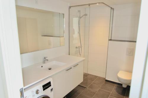 uma casa de banho com um lavatório e um chuveiro em Cool 1-bed w. private terrace em Odense