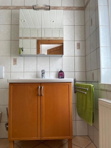 a bathroom with a sink and a green towel at Ratstraße im Kyffhäuser - krumm & schief in Bad Frankenhausen