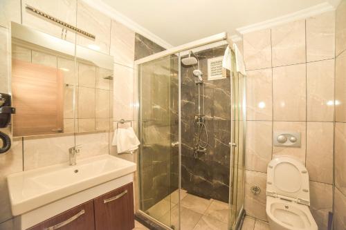 La salle de bains est pourvue d'une douche, de toilettes et d'un lavabo. dans l'établissement Porta Trakis HOTEL, à Bademli