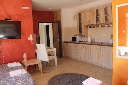 a room with a kitchen with a bed and a table at Apartments Kapisoda in Cetinje