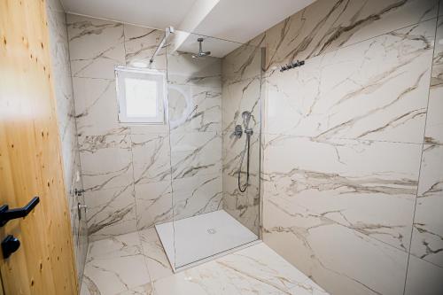 a bathroom with a shower with marble walls at B&B Mio Nonno Rooms Ljubljana Ex Bizeljčan Rooms in Ljubljana