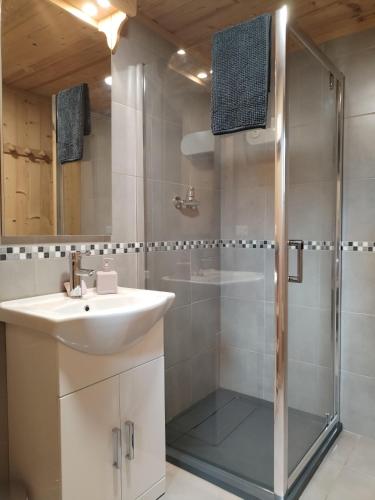 une salle de bain avec un lavabo et une douche dans l'établissement Petit Chalet, à Essert-Romand