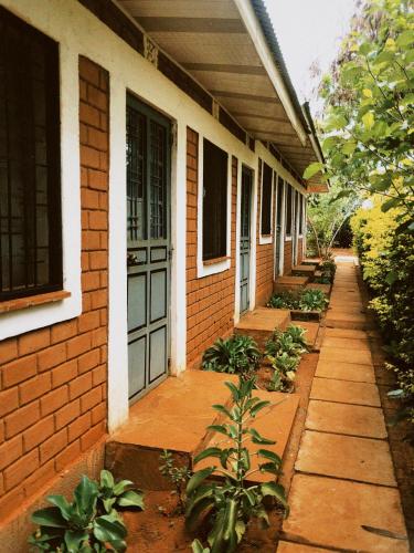 une terrasse couverte d'une maison avec une porte et des plantes dans l'établissement Vineyard Retreat Voi, à Voi